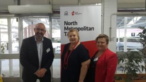 Minister Sue Ellery (centre) with Kay Gerard, Textiles, Clothing and Footwear IRC and David Galbraith, IBSA Manufacturing